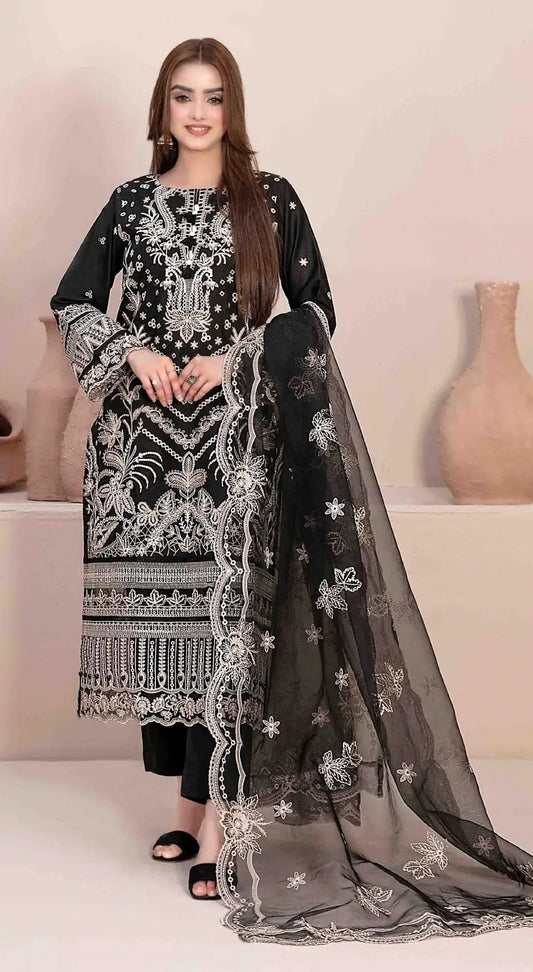 Black Faux Georgette Semi Stitched Suit with Embroidery Work