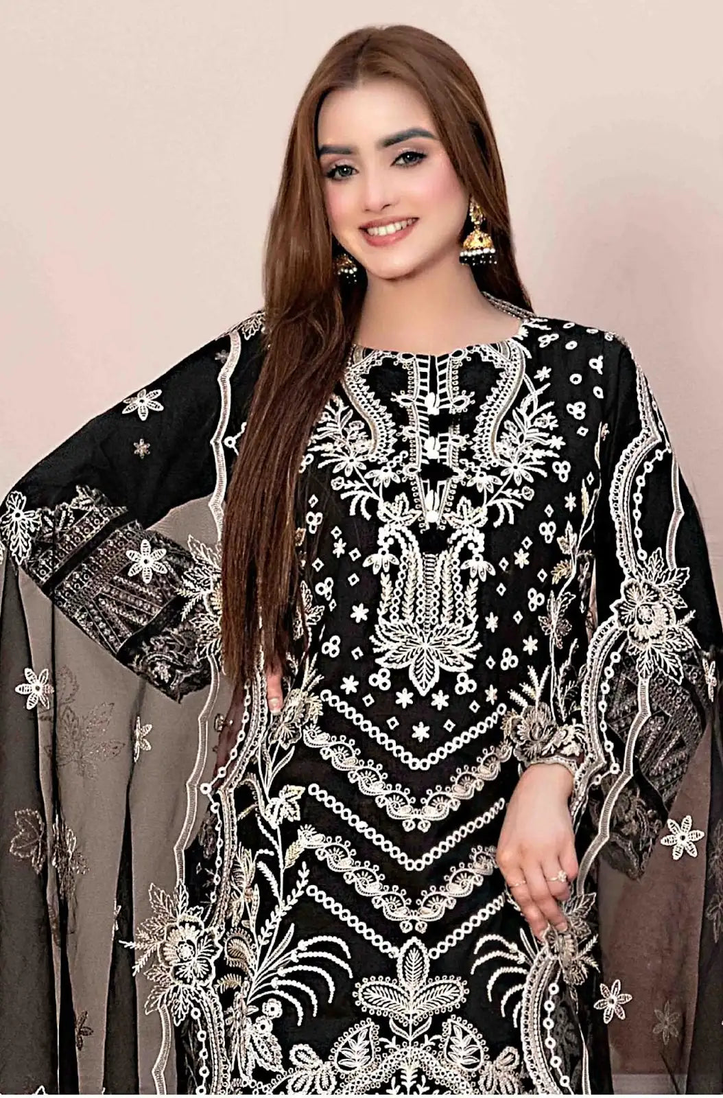 Black Faux Georgette Semi Stitched Suit with Embroidery Work