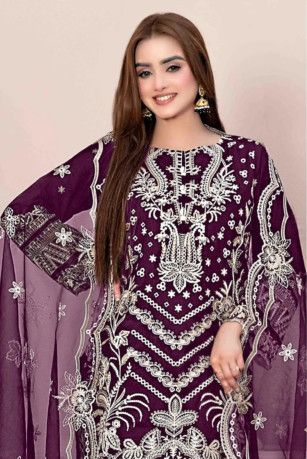 Purple Faux Georgette Semi Stitched Suit with Embroidery Work