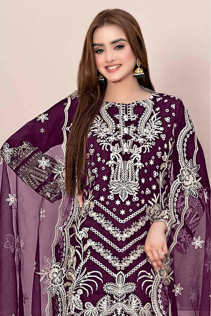 Purple Faux Georgette Semi Stitched Suit with Embroidery Work