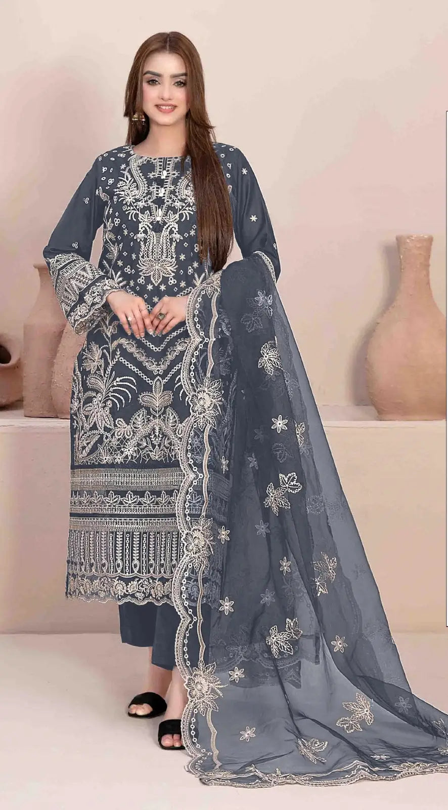 Grey Faux Georgette Semi Stitched Suit with Embroidery Work