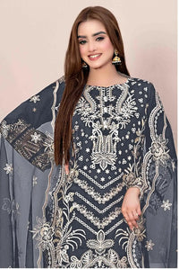 Grey Faux Georgette Semi Stitched Suit with Embroidery Work