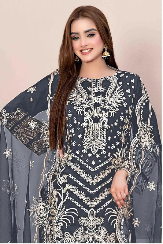 Grey Faux Georgette Semi Stitched Suit with Embroidery Work
