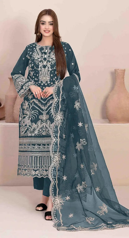 Teal Faux Georgette Semi Stitched Suit with Embroidery Work