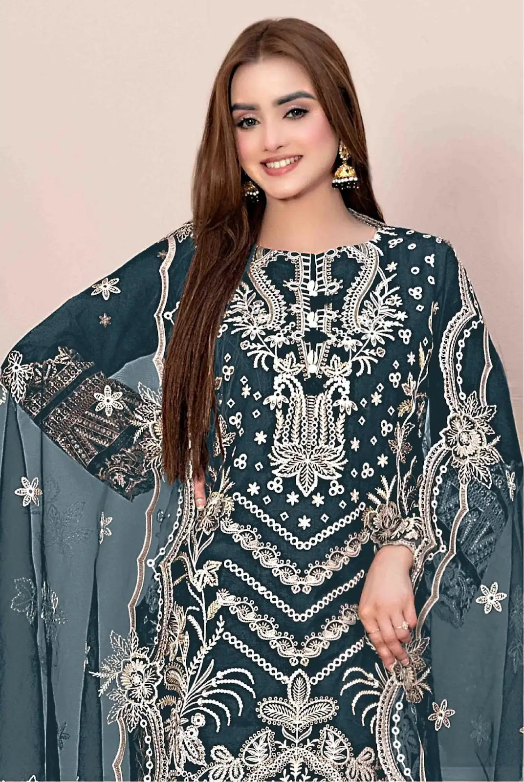 Teal Faux Georgette Semi Stitched Suit with Embroidery Work