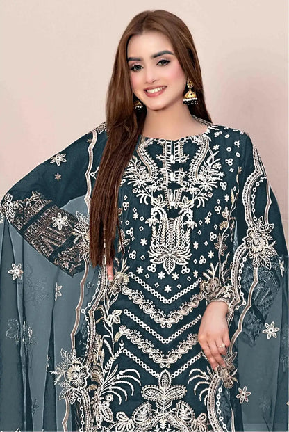 Teal Faux Georgette Semi Stitched Suit with Embroidery Work