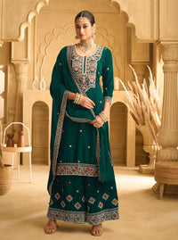 Green Embroderied with beads Velvet Semi-Stitched Plazo Suit