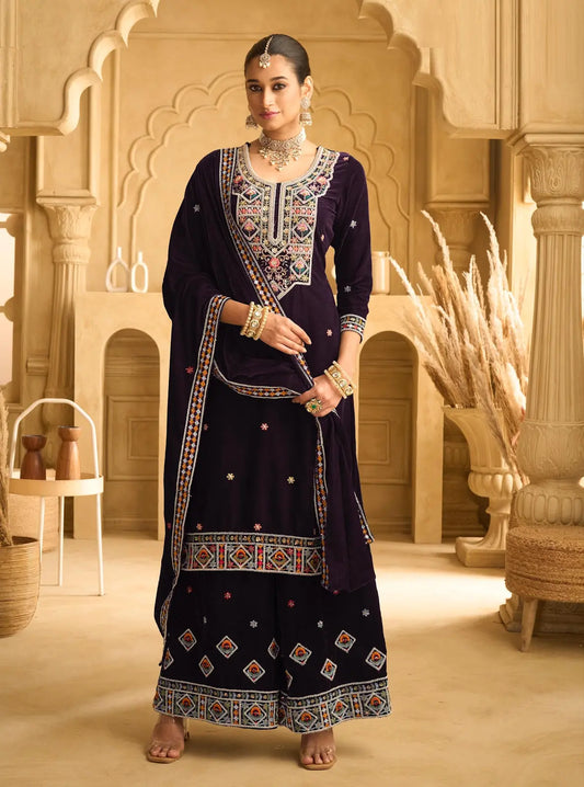 Dark Wine Embroderied with beads Velvet Semi-Stitched Plazo Suit