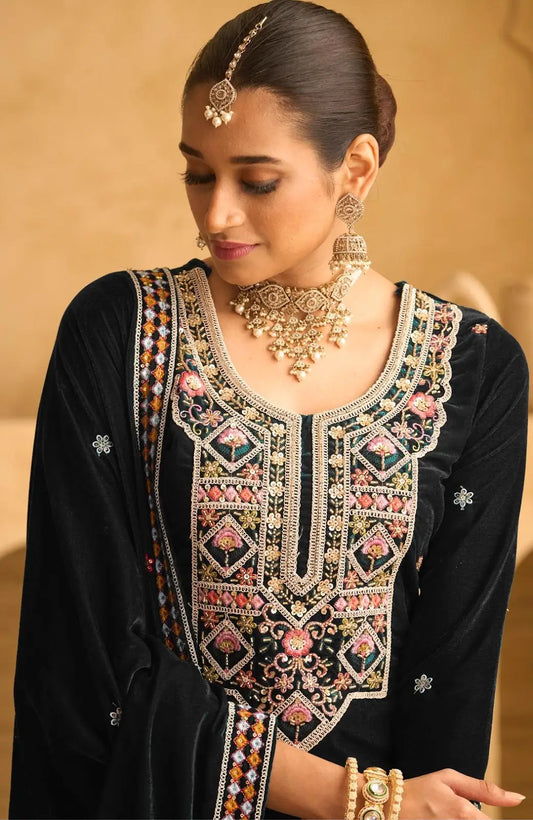 Dark Blue Embroderied with beads Velvet Semi-Stitched Plazo Suit