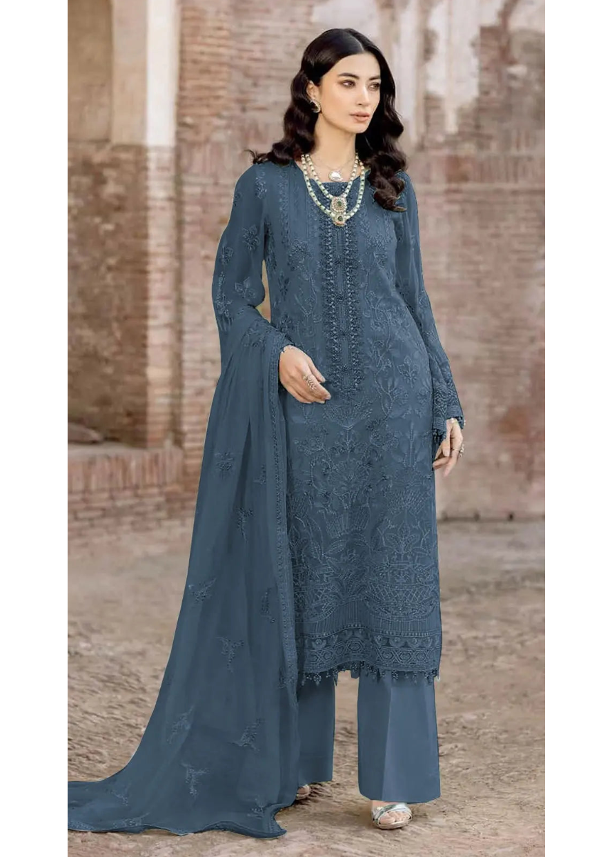 Blue Faux Georgette Semi Stitched Suit with Embroidery Work