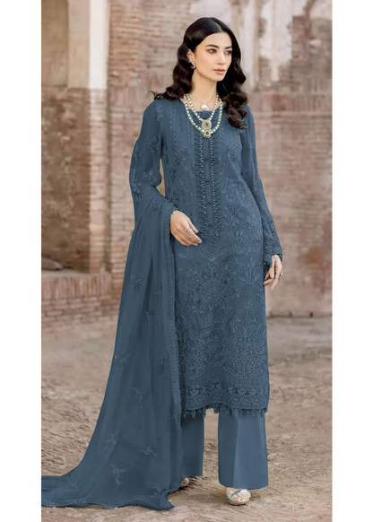 Blue Faux Georgette Semi Stitched Suit with Embroidery Work