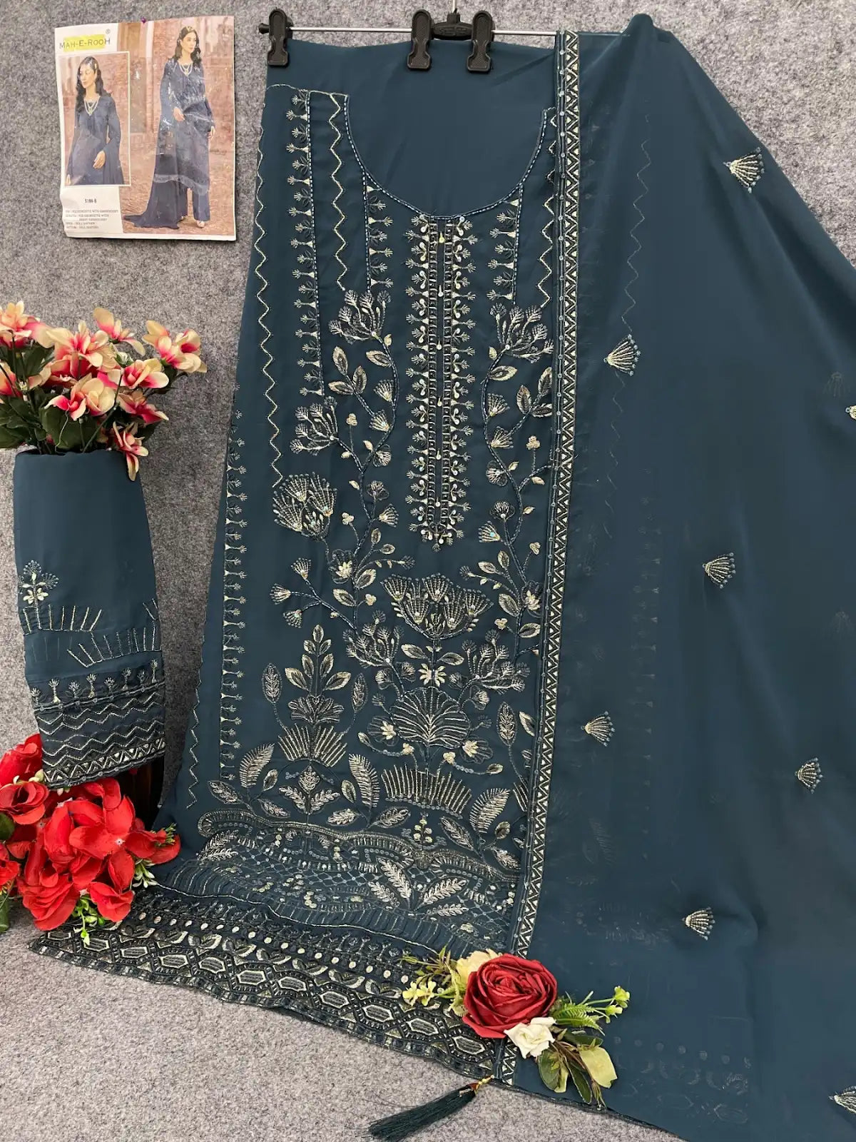 Blue Faux Georgette Semi Stitched Suit with Embroidery Work