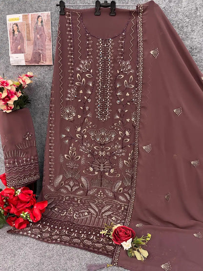Brown Faux Georgette Semi Stitched Suit with Embroidery Work
