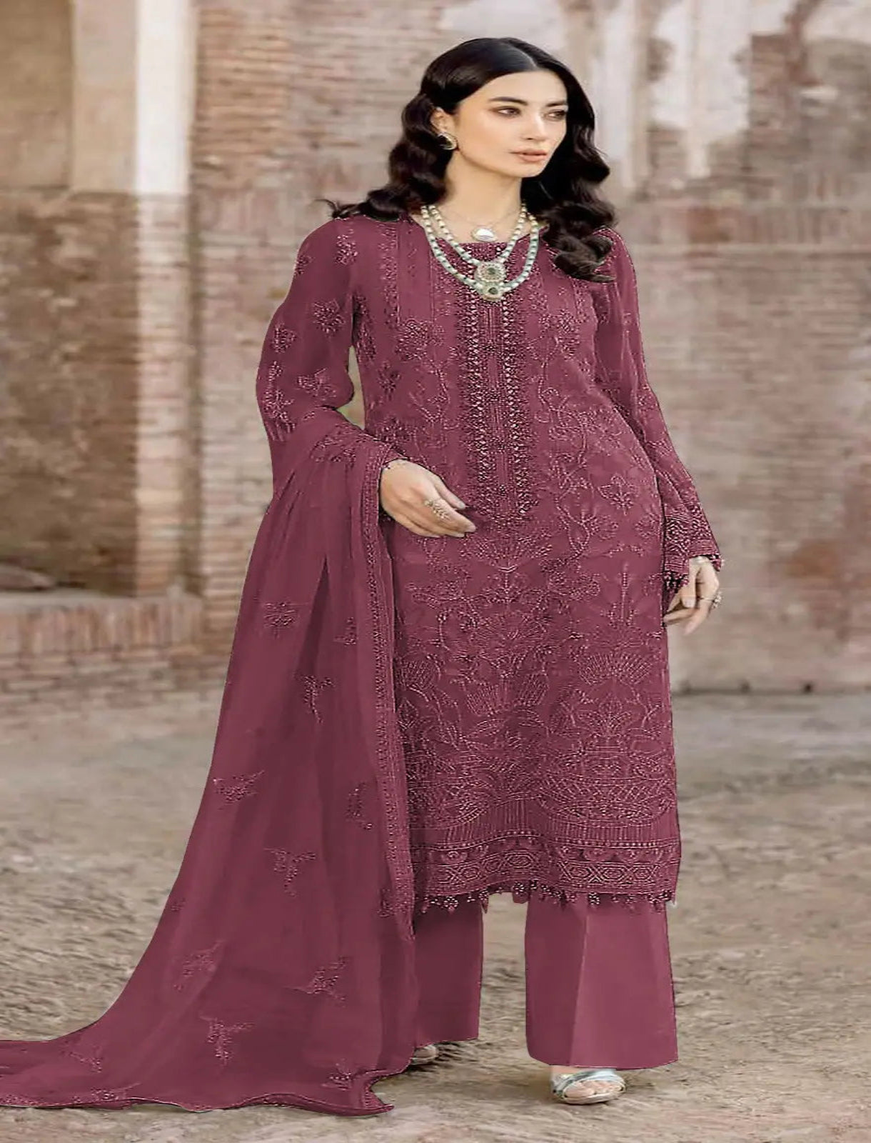 Maroon Faux Georgette Semi Stitched Suit with Embroidery Work