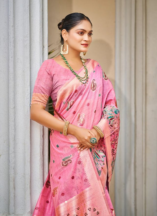 Pink Color Cotton Silk Fabric Woven Meenakari Designer Saree