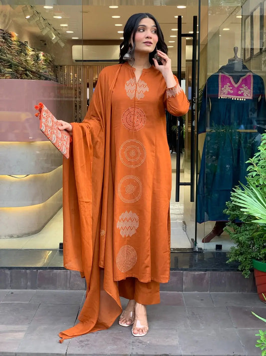 Women's Gorgeous Chanderi Fabric Embroidery Work Straight Kurta Pant and Dupatta Set GN