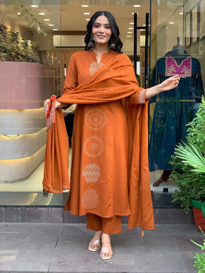 Women's Gorgeous Chanderi Fabric Embroidery Work Straight Kurta Pant and Dupatta Set GN