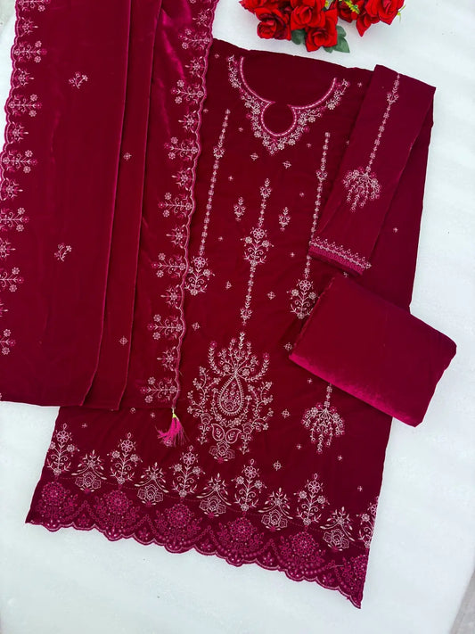 Red Velvet Semi Stitched Suit with Embroidery Sequence Work