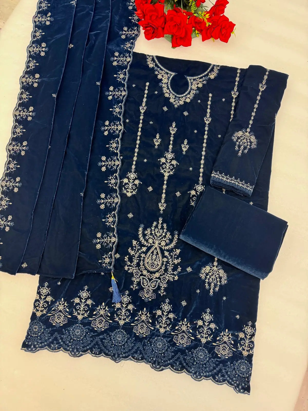 Navy Blue Velvet Semi Stitched Suit with Embroidery Sequence Work