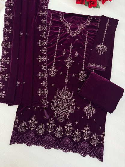 Purple Velvet Semi Stitched Suit with Embroidery Sequence Work