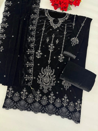Black Velvet Semi Stitched Suit with Embroidery Sequence Work