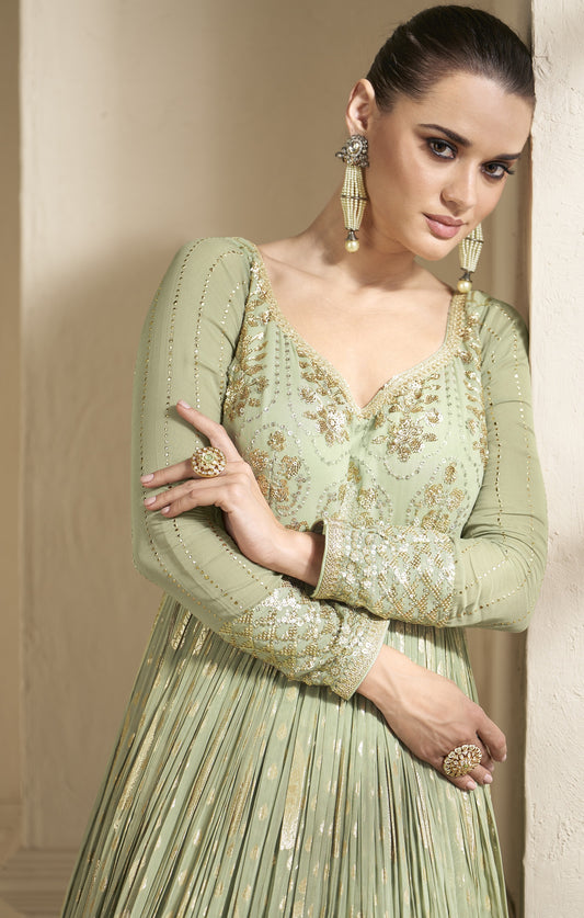 Mehendi Embroidered Viscose Jacquard Semi Stitched Anarkali Suit
