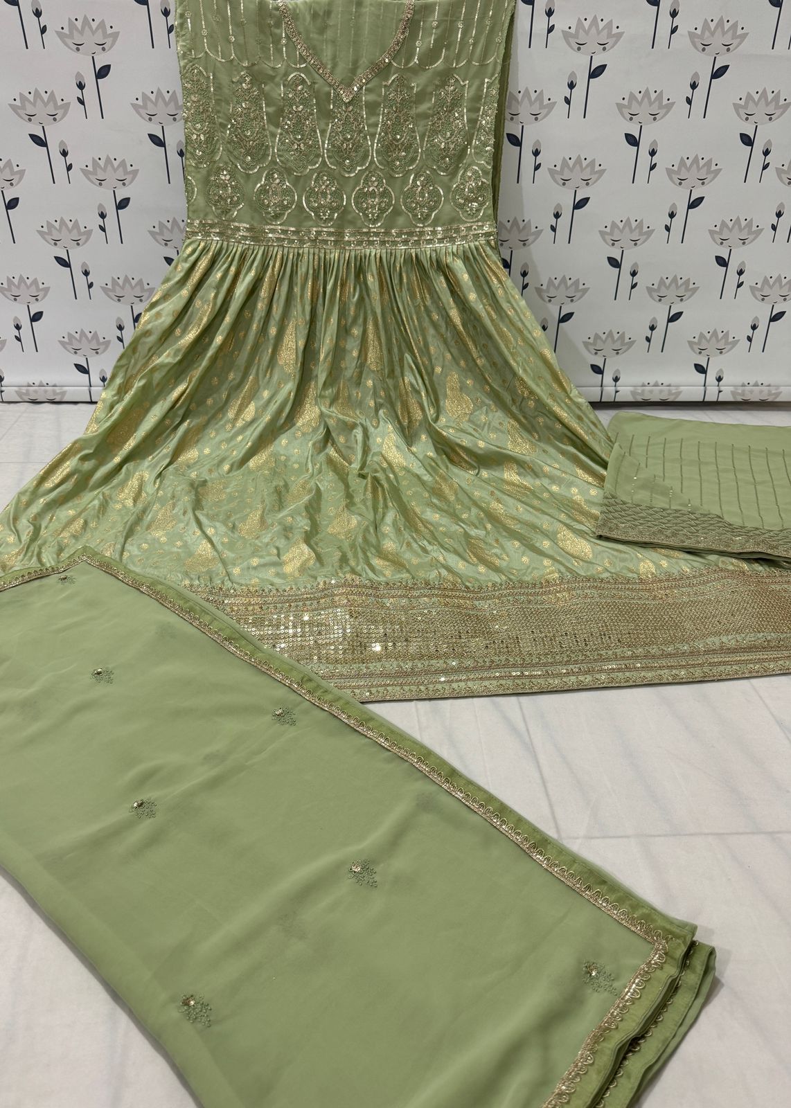Mehendi Embroidered Viscose Jacquard Semi Stitched Anarkali Suit