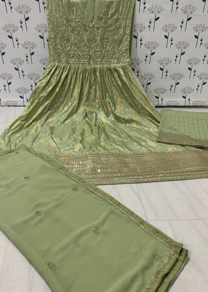 Mehendi Embroidered Viscose Jacquard Semi Stitched Anarkali Suit