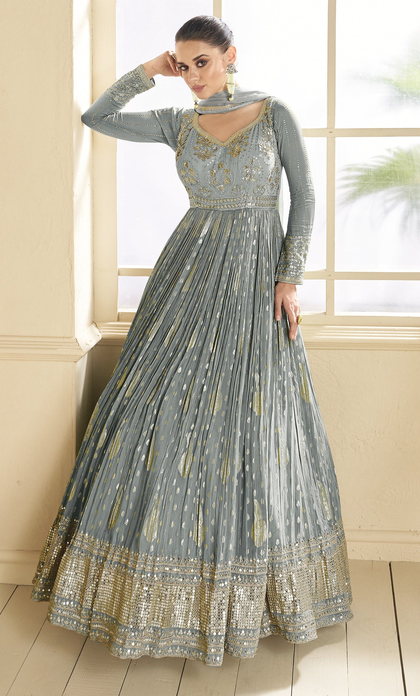 Grey Embroidered Viscose Jacquard Semi Stitched Anarkali Suit