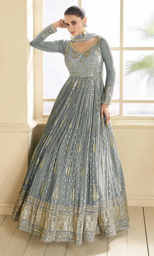 Grey Embroidered Viscose Jacquard Semi Stitched Anarkali Suit