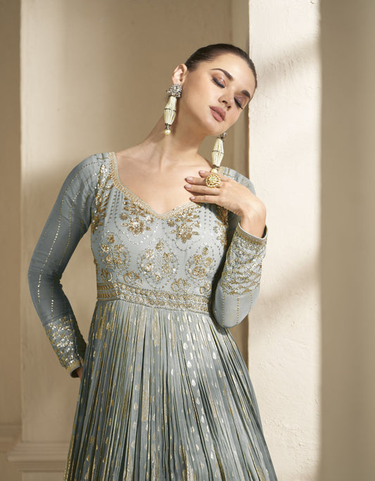 Grey Embroidered Viscose Jacquard Semi Stitched Anarkali Suit