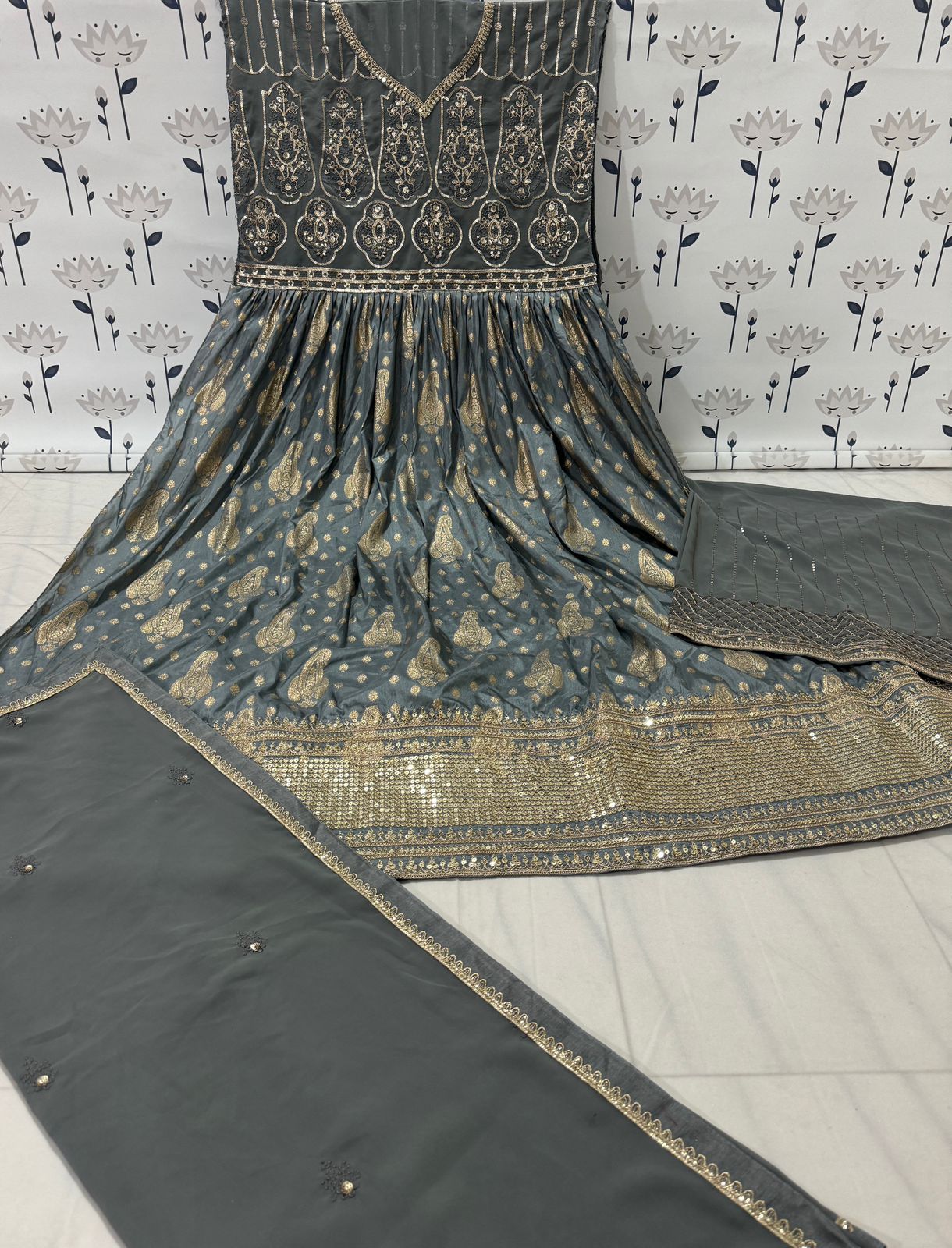 Grey Embroidered Viscose Jacquard Semi Stitched Anarkali Suit