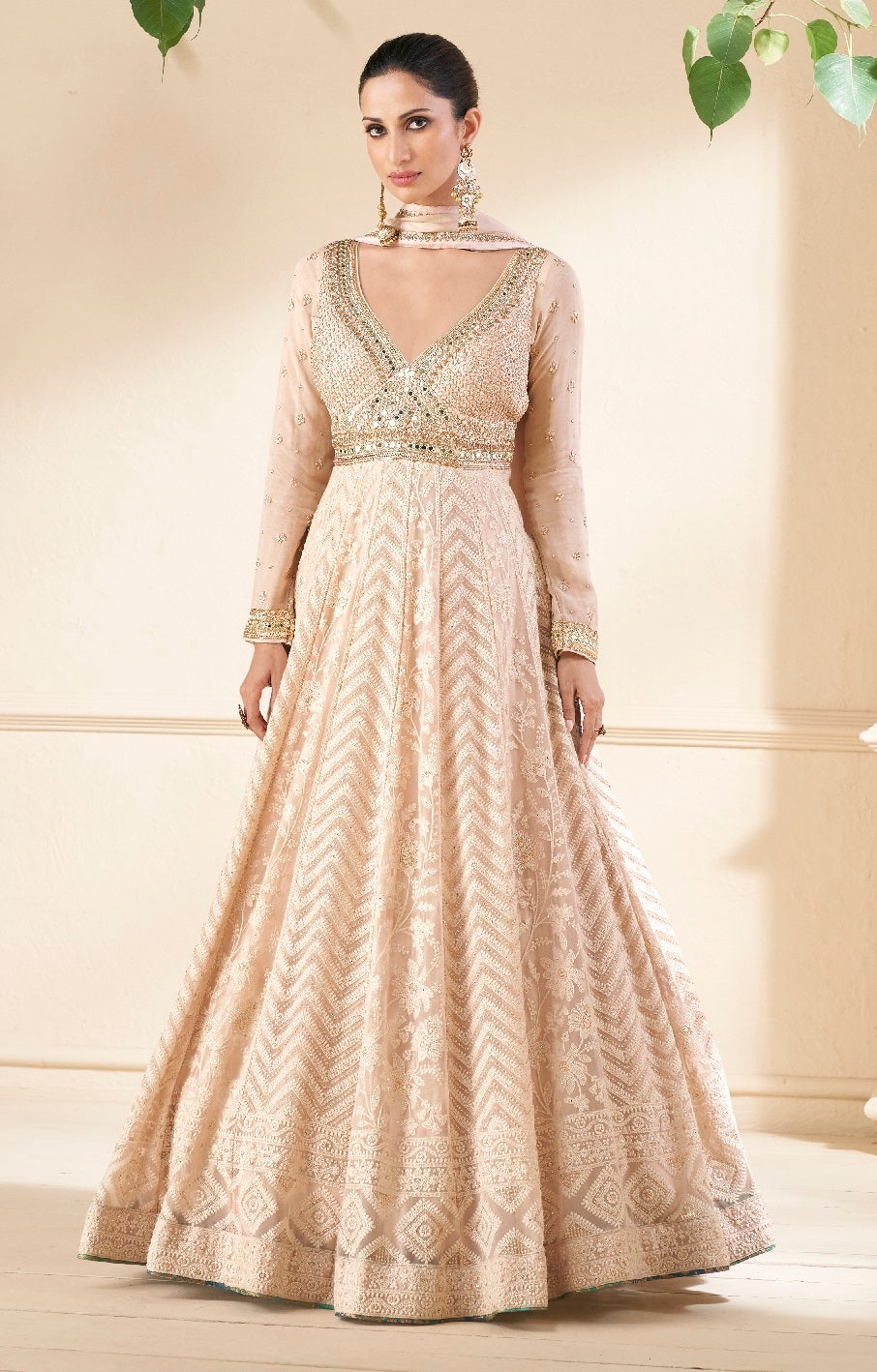 Cream Embroidered Viscose Jacquard Semi Stitched Anarkali Suit