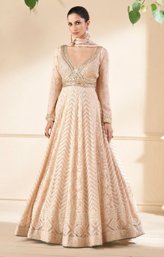 Cream Embroidered Viscose Jacquard Semi Stitched Anarkali Suit