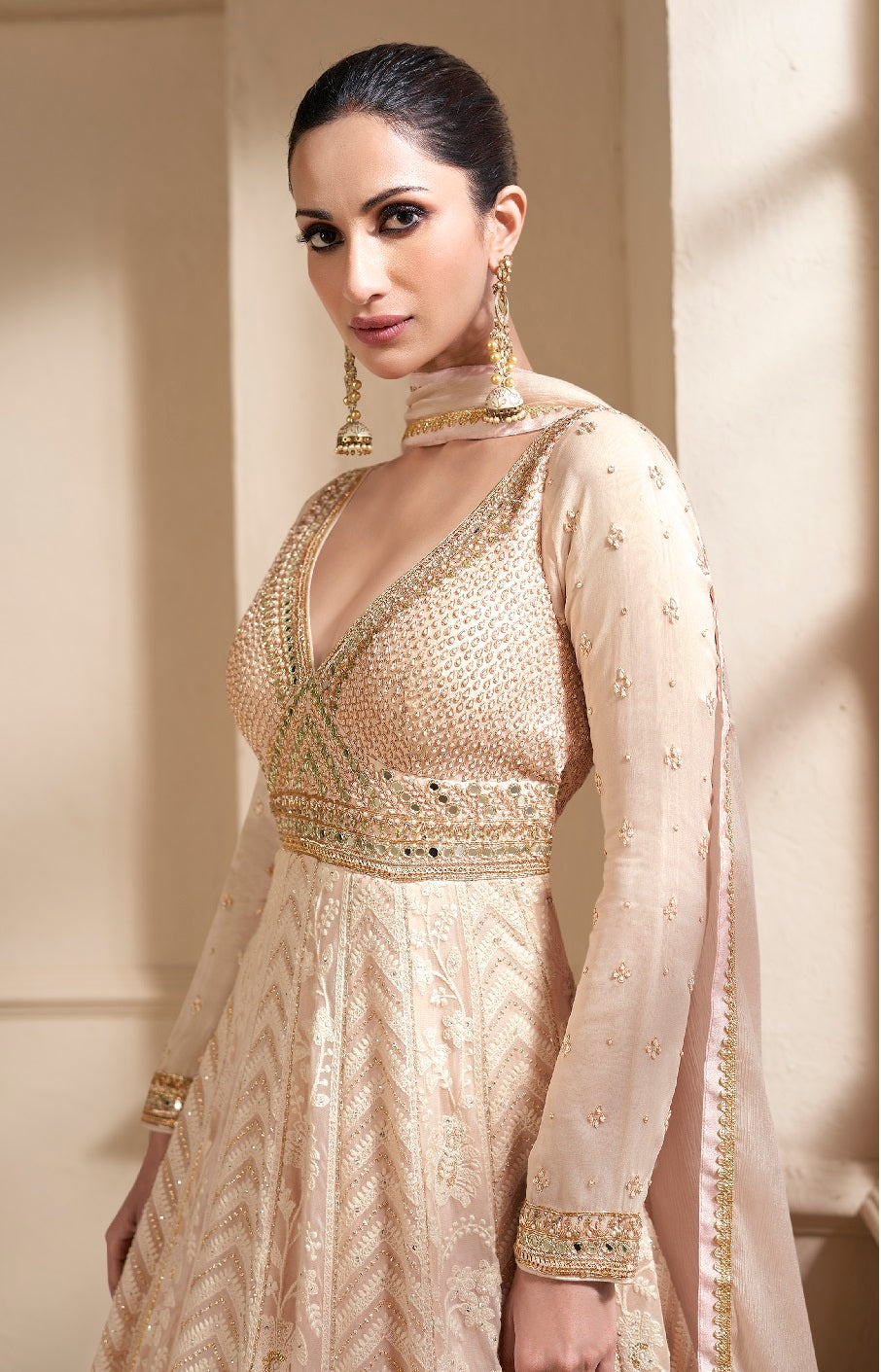 Cream Embroidered Viscose Jacquard Semi Stitched Anarkali Suit
