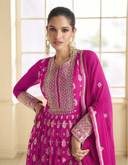 Pink Embroidered Viscose Jacquard Semi Stitched Anarkali Suit