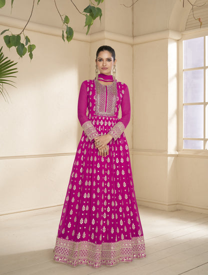 Pink Embroidered Viscose Jacquard Semi Stitched Anarkali Suit