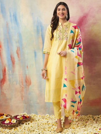 Yellow Color Chanderi Modal Ethnic Fancy Partywear Suit With Classy Looks