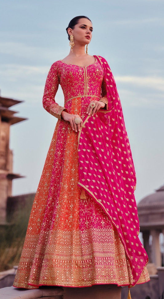 Pink Heavy Embroidered Faux Georgette Stitched Anarkali Suit