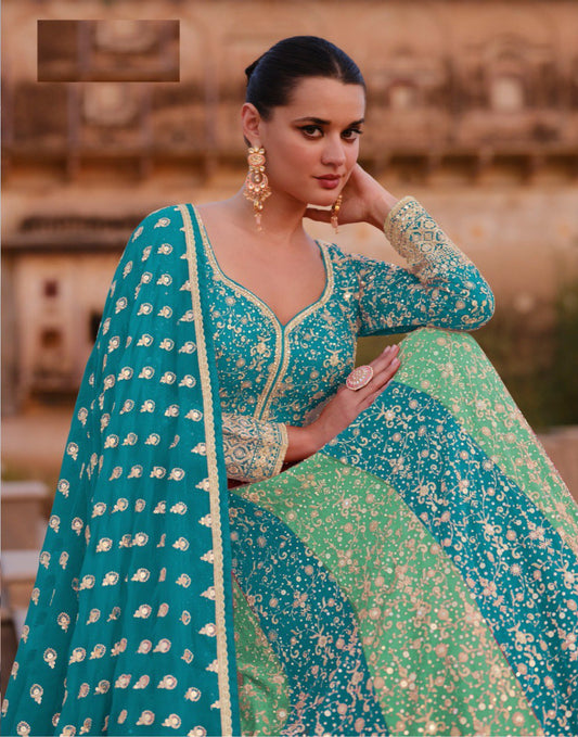 Sky Blue Heavy Embroidered Faux Georgette Stitched Anarkali Suit