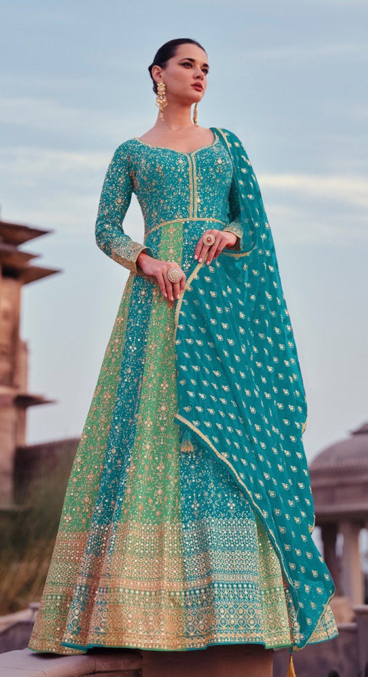 Sky Blue Heavy Embroidered Faux Georgette Stitched Anarkali Suit