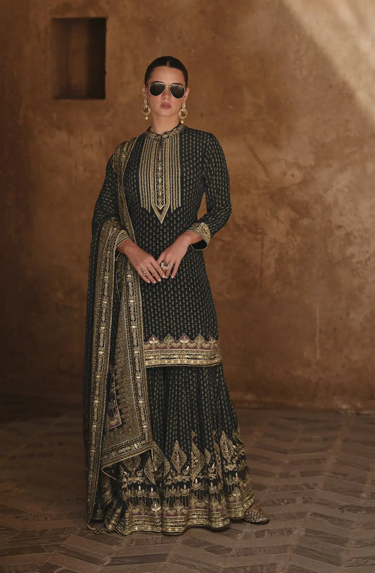 Black Silk Readymade Palazzo Suit with Swarovski Work
