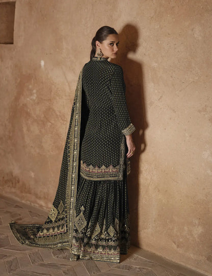 Black Silk Readymade Palazzo Suit with Swarovski Work