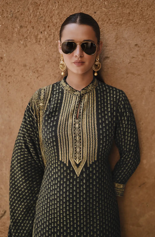 Black Silk Readymade Palazzo Suit with Swarovski Work