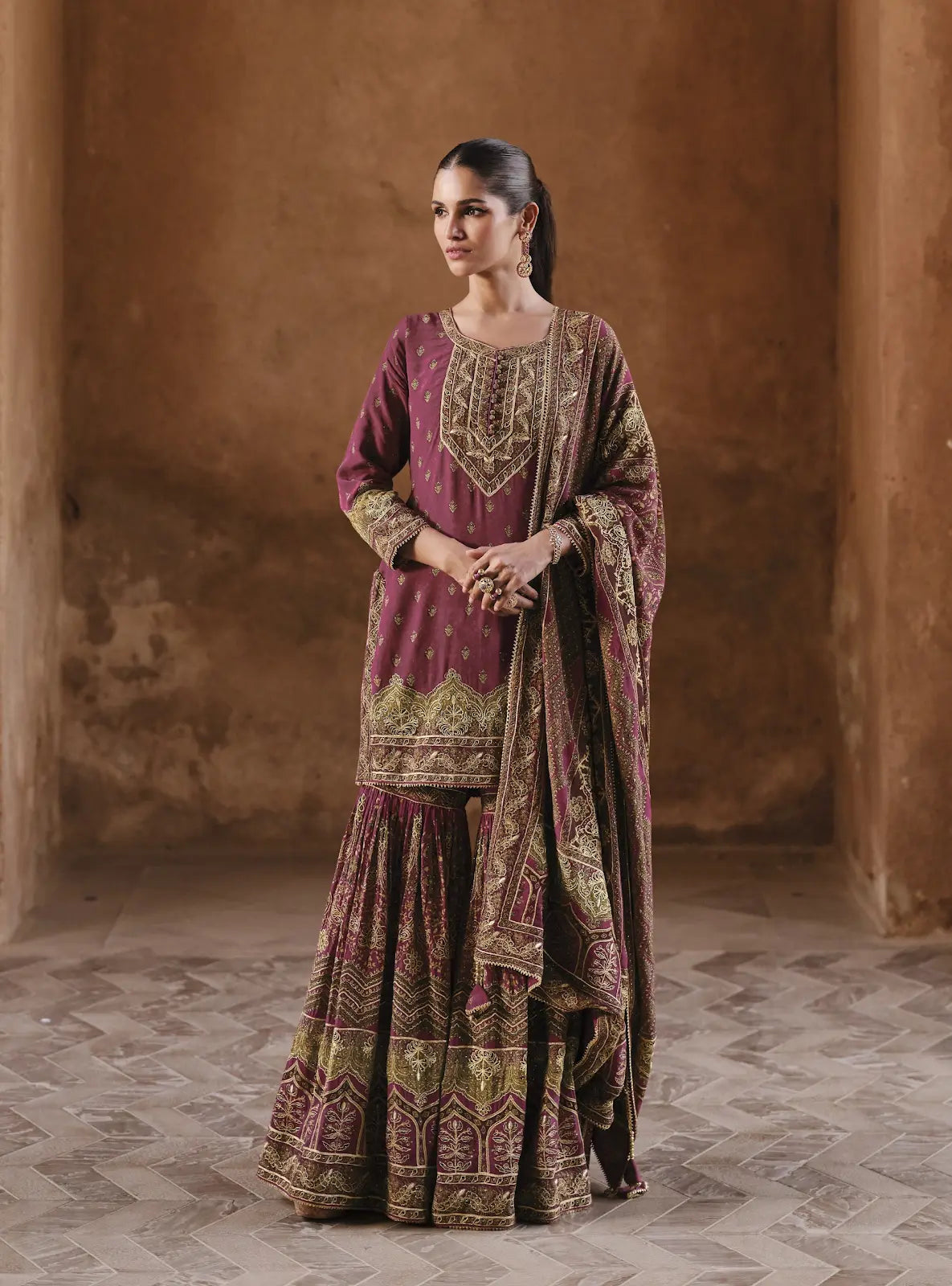 Maroon Silk Readymade Palazzo Suit with Swarovski Work
