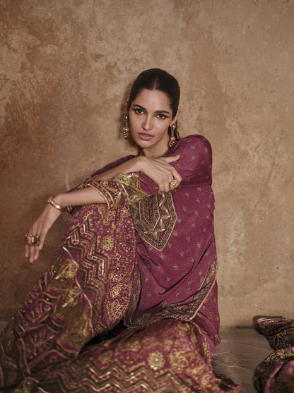 Maroon Silk Readymade Palazzo Suit with Swarovski Work