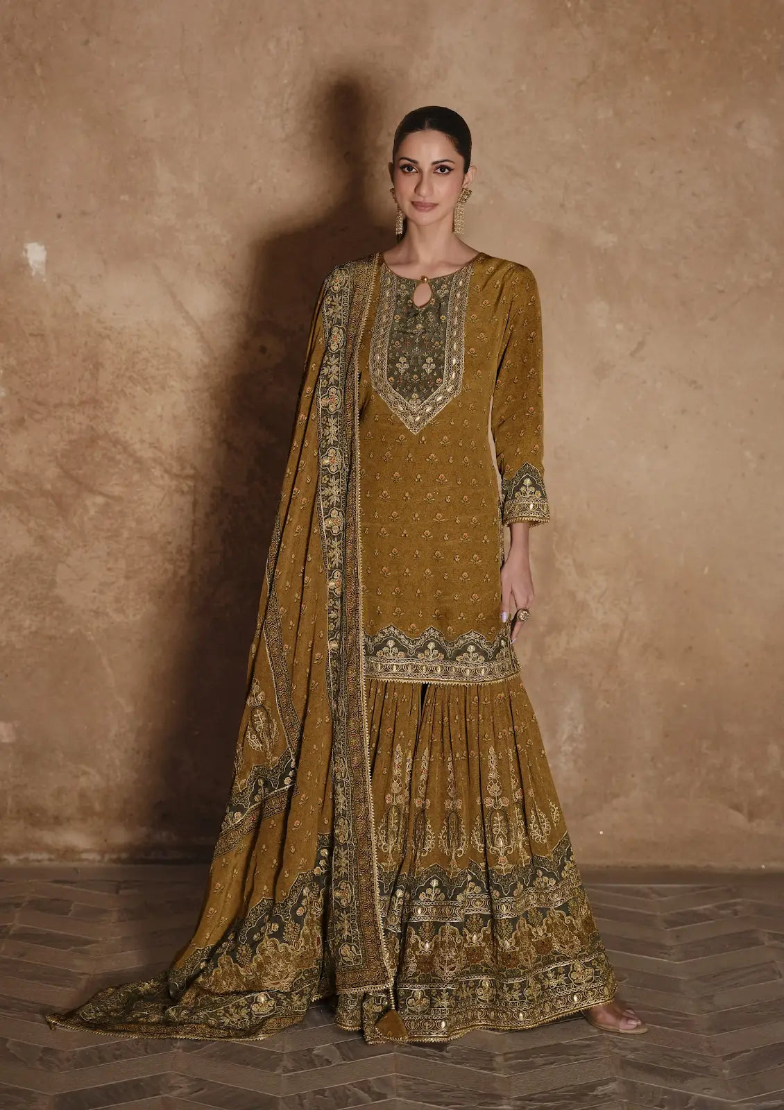 Mustard Silk Readymade Palazzo Suit with Swarovski Work
