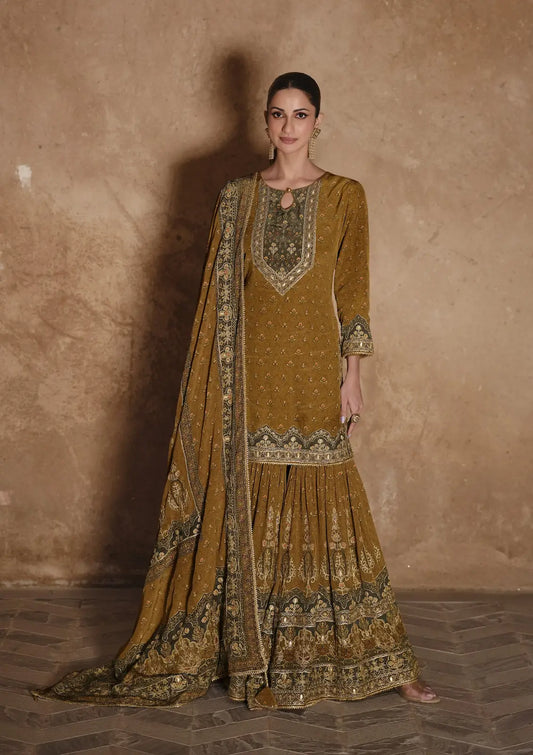 Mustard Silk Readymade Palazzo Suit with Swarovski Work
