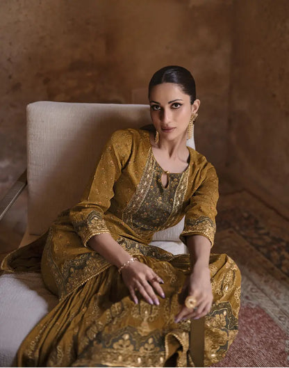 Mustard Silk Readymade Palazzo Suit with Swarovski Work