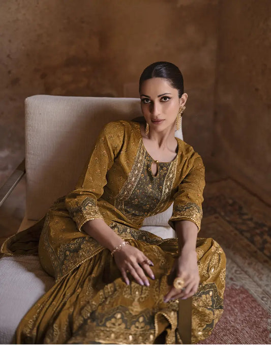 Mustard Silk Readymade Palazzo Suit with Swarovski Work